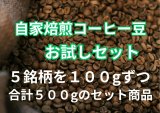 お試し自家焙煎コーヒー豆セット、５銘柄×１００ｇ＝５００g、ヤマト宅急便でお届け